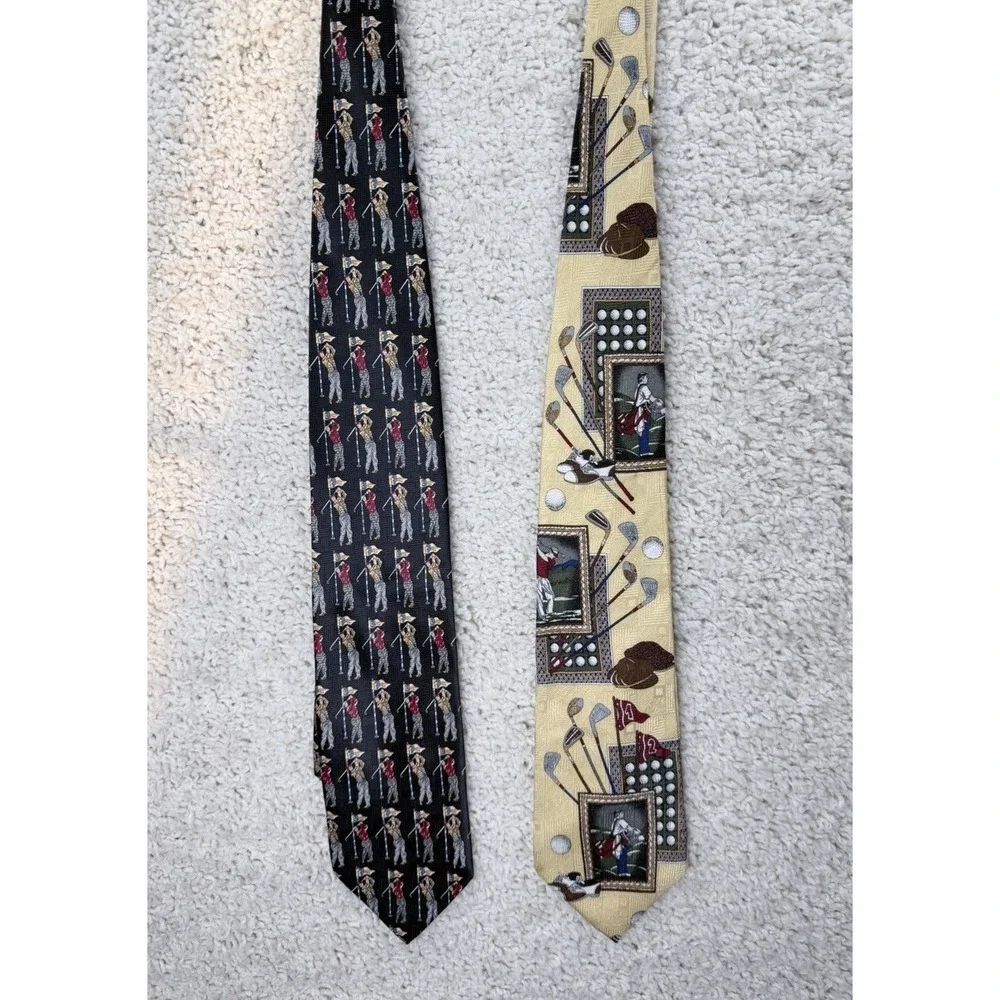 Sky Bend Van Heusen Golf Ties Mens OS Black Yellow Excellent Novelty Bundle 2pc